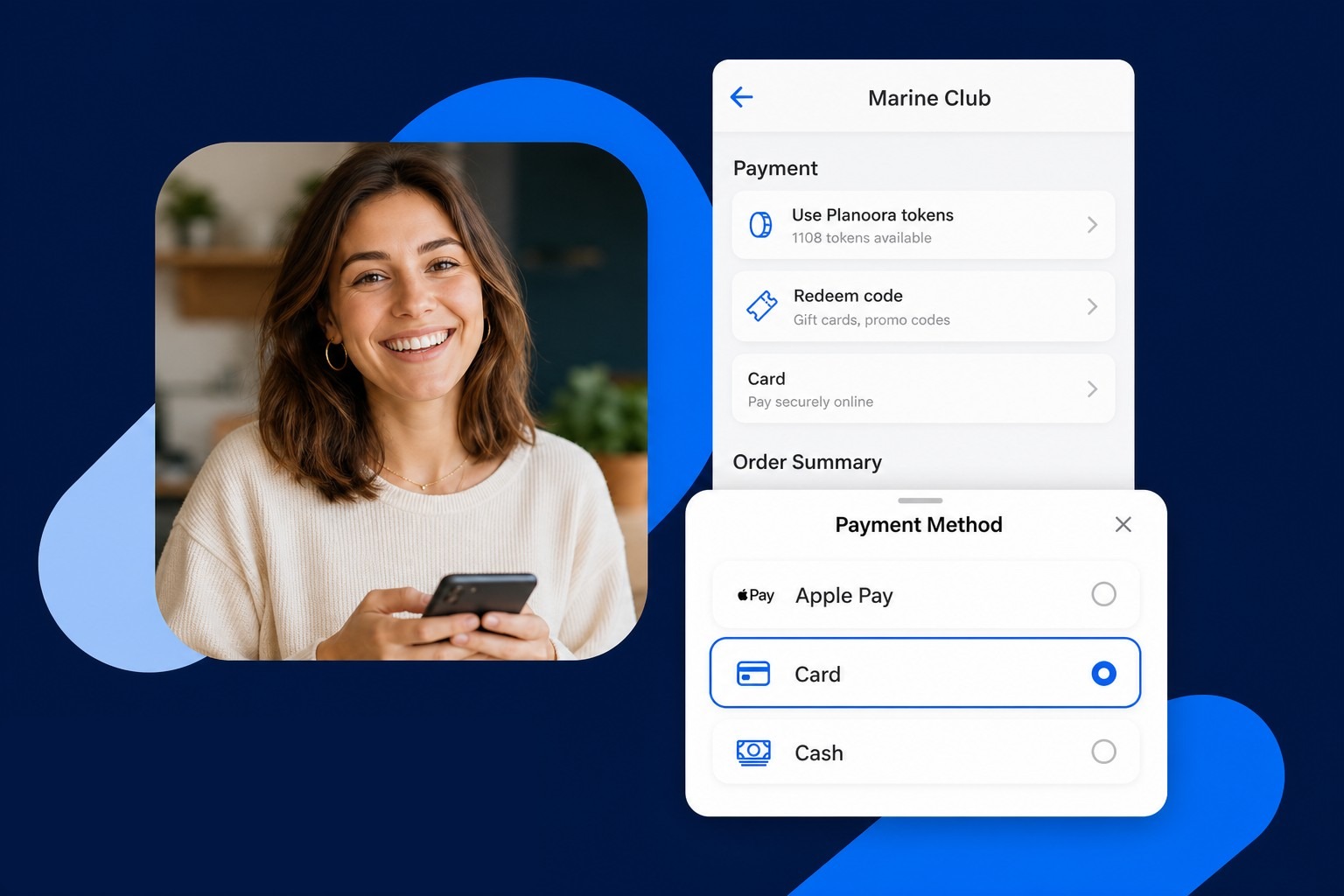Planoora checkout with tokens and card prepayment