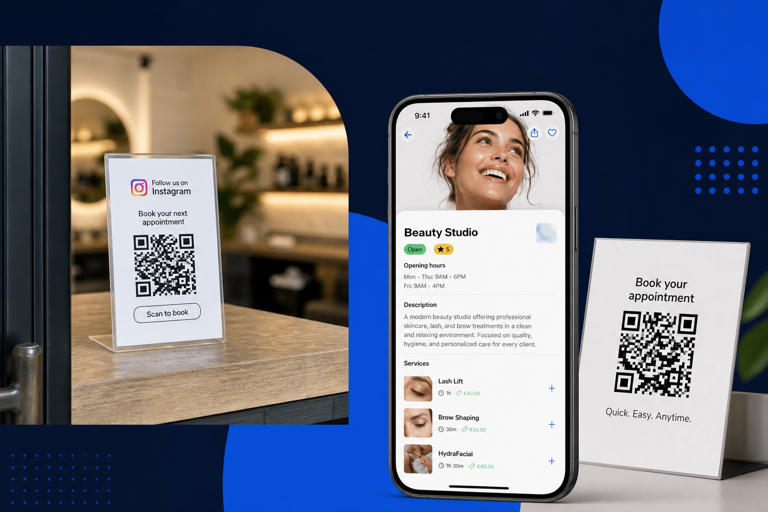 Planoora Store booking link and QR code on a phone