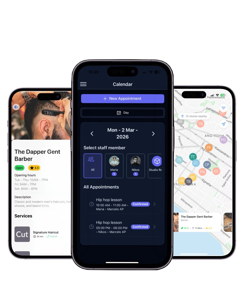 Planoora mobile app showing marketplace, calendar and map screens